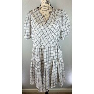 JCrew Puff-sleeve Cotton Voile Wrap Dress in Oyster Plaid, size Medium